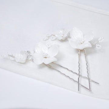 Porcelain White Floral Vine Shimmering Winter Lily Hair Pins Set of 2 , Ceramic Hair pins Set, Bridal Hair Accessories
